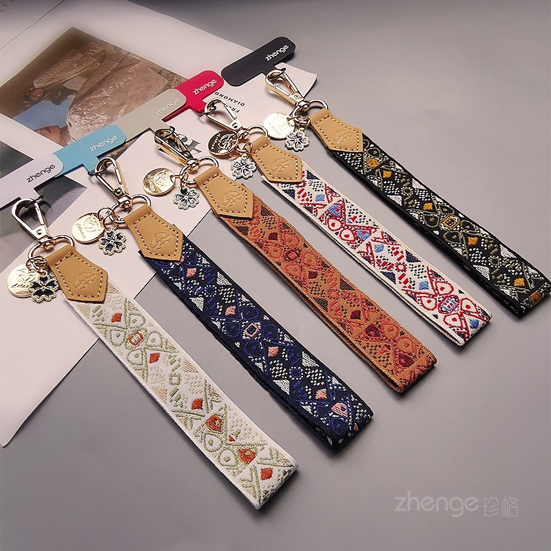 Hàng ngày mới!!Dây Điện Thoại Di Động Retro Họa Tiết Ruy Băng Cổ Tay Ngắn Phiên Bản Rộng Ngoài Trời Leo Núi Du Lịch Mua Sắm Chống Mất Dây Xích Tay Chống Sốc