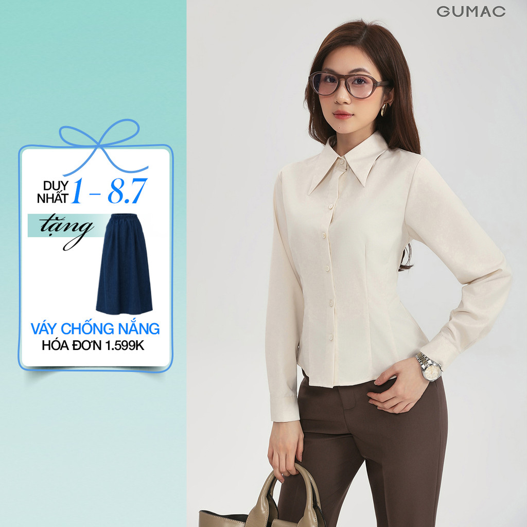 Áo sơ mi nữ form ôm vừa GUMAC đính nút xà cừ lai cong lượn tay dài có bo nẹp cửa tay AG03004
