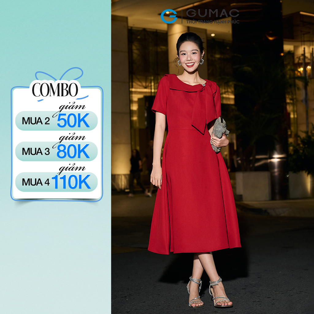 Đầm Nữ GUMAC Form Xòe Cổ Xếp Cánh Nơ Đính Nút Kim Loại Chất Tuyết Mưa Sang Trọng DF12005