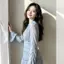 Đầm sơ mi dài tay dài tay màu xanh eo hẹp sang trọng mùa hè