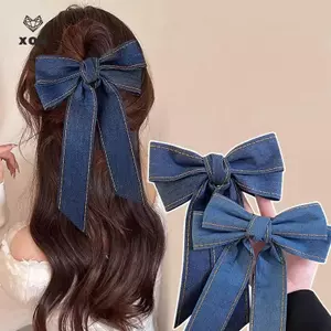 Kẹp tóc nơ ruy băng màu xanh Denim thời trang dành cho phụ nữ Cô gái Kẹp tóc đuôi ngựa thanh lịch ngọt ngào Kẹp tóc Phụ kiện tóc Quà tặng [Mina]