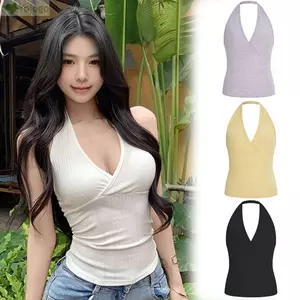 YOLOGO Halter Tank Top, Áo len dệt kim có gân Slim Fit, Cổ chữ V Mềm co giãn chéo phía trước Áo hai dây nữ