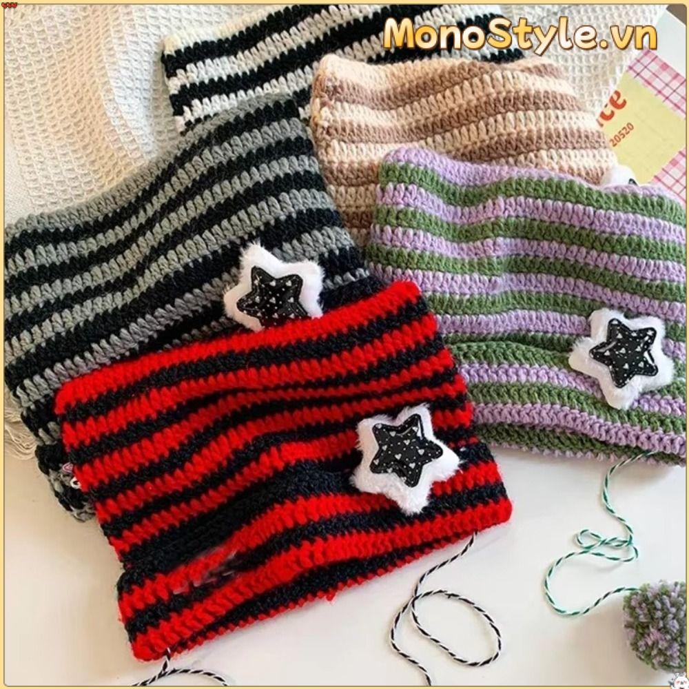 Mũ Beanies Monostyle Y2K với họa tiết sọc ngôi sao đáng yêu, tai nhọn như quỷ mèo, phù hợp thu đông
