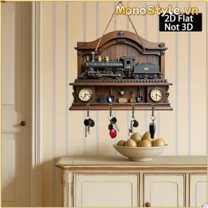 Giá đỡ chìa khóa MONOSTYLE, Móc treo tường cổ điển bằng gỗ, Sáng tạo đa chức năng 2D Retro Train Pattern Keyframe Móc lưu trữ treo tường hiên nhà