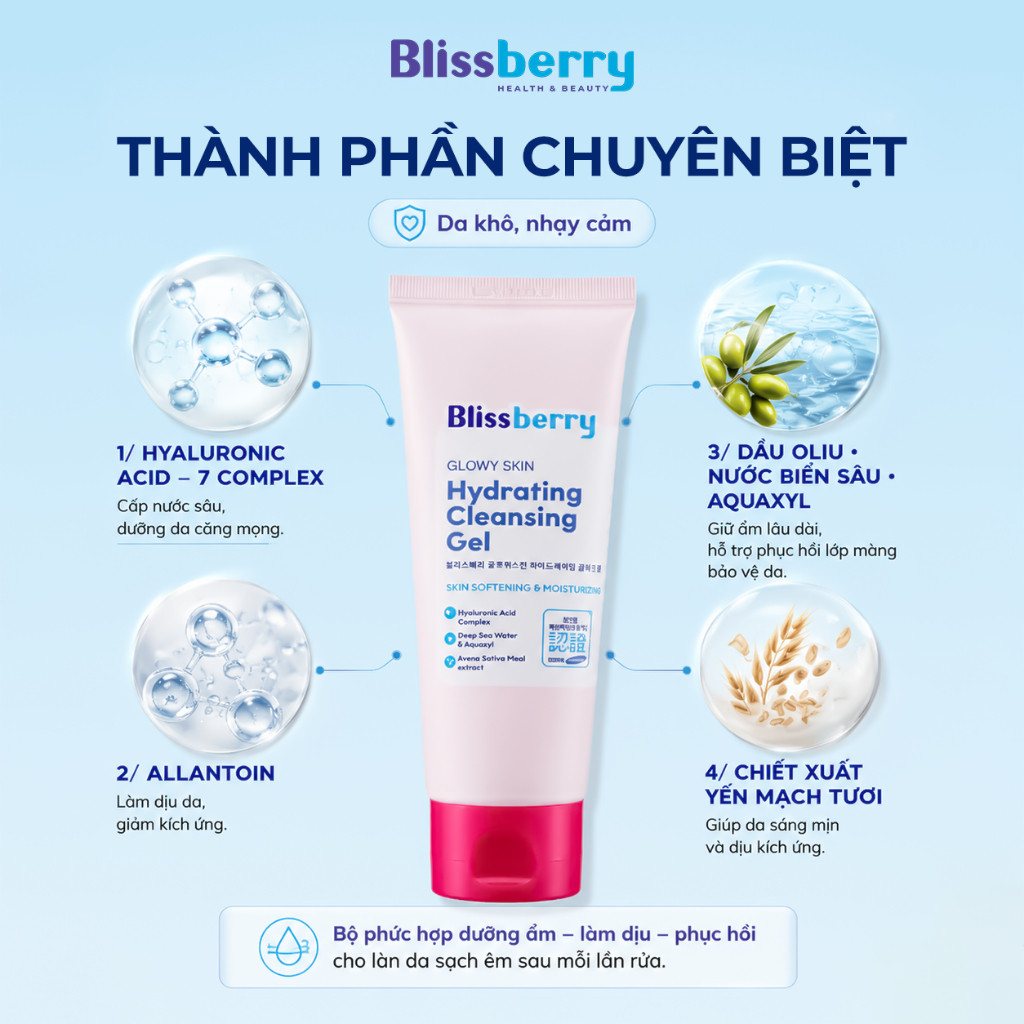 [CHO DA KHÔ] Sữa Rửa Mặt Dưỡng Ẩm, Làm Sáng Da Blissberry Glowy Skin Hydrating Cleansing Gel 100ml