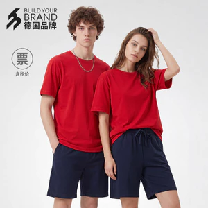 Bộ đồ Cotton nguyên chất dành cho cặp đôi 220g Áo thun nặng 300g Áo nỉ năm điểm Nam Nữ Thể thao thông thường Bộ đồ hai mảnh Y62H