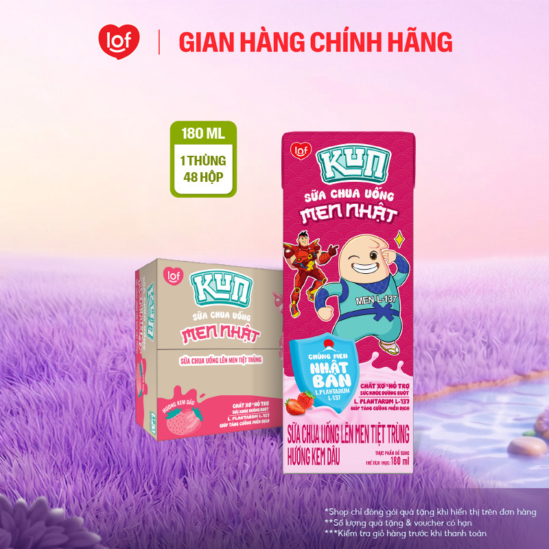 Sữa chua uống KUN vị kem dâu thùng 48 hộp x 180ml (Có thể nhận bao bì cũ/mới)