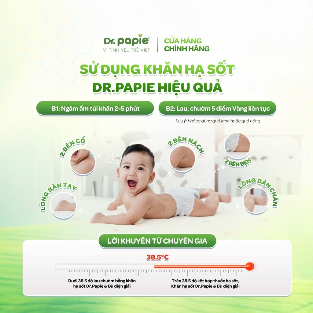 Khăn Hạ Sốt Bé Sơ Sinh Chiết Xuất Thảo Dược Giảm Sốt Chuẩn Nhi Khoa Ngăn Ngừa Co Giật Dr.Papie 0+ (25 khăn/hộp)