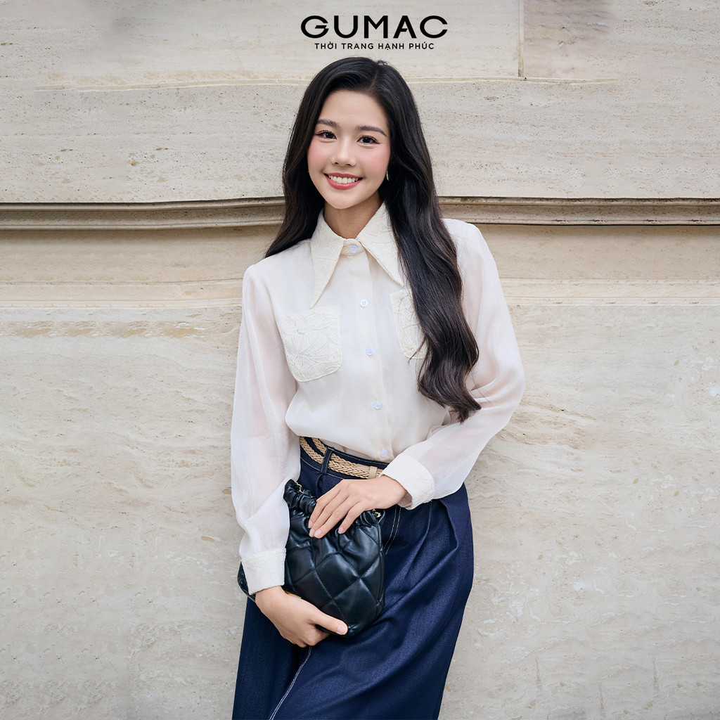 Áo Sơ Mi Nữ Tay Dài GUMAC Form Suông Phối Ren Bọc Viền Nữ Tính AF12026