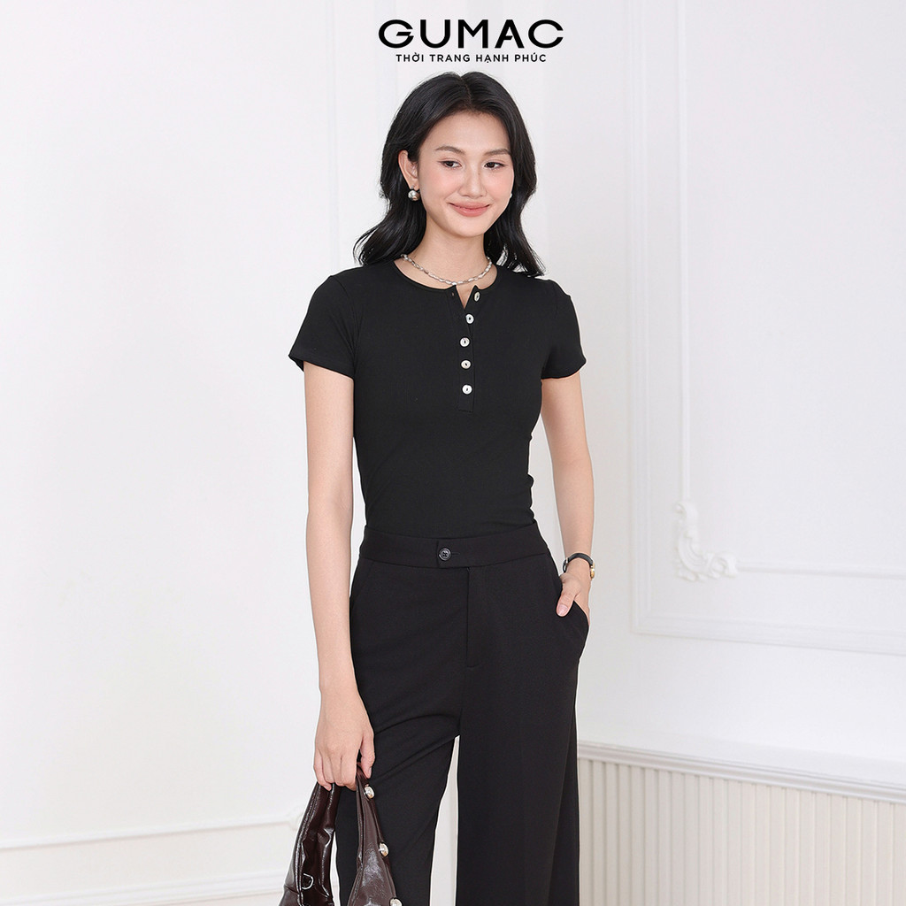 Áo Thun Nữ Cổ Tròn GUMAC Form Ôm Phối Cổ Trụ Đính Nút Xà Cừ Chất Thun Tăm Mịn Mát ATF04021