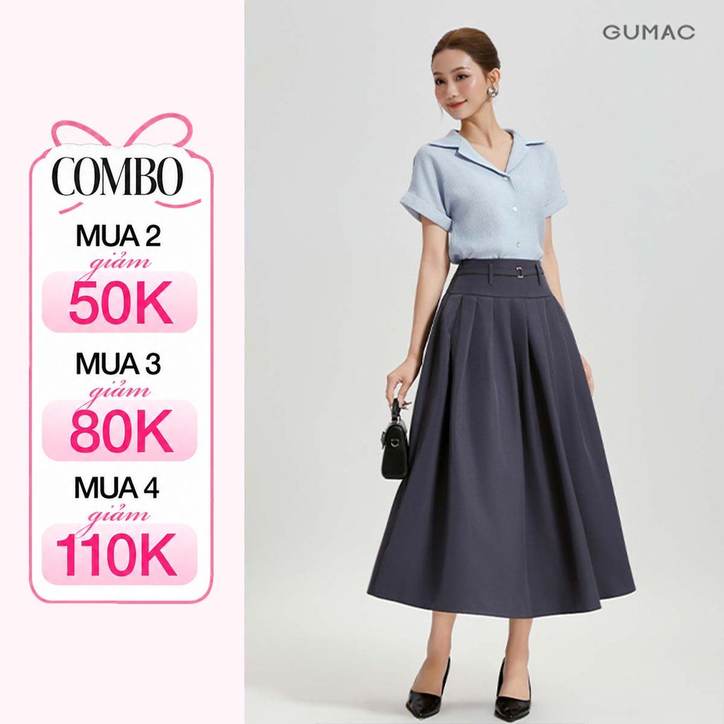 Chân Váy Dáng A Xòe GUMAC Phối Xếp Ly Nguyên Vòng Kèm Dây Nịt Gài Khoen Cách Điệu Thanh Lịch VG04019