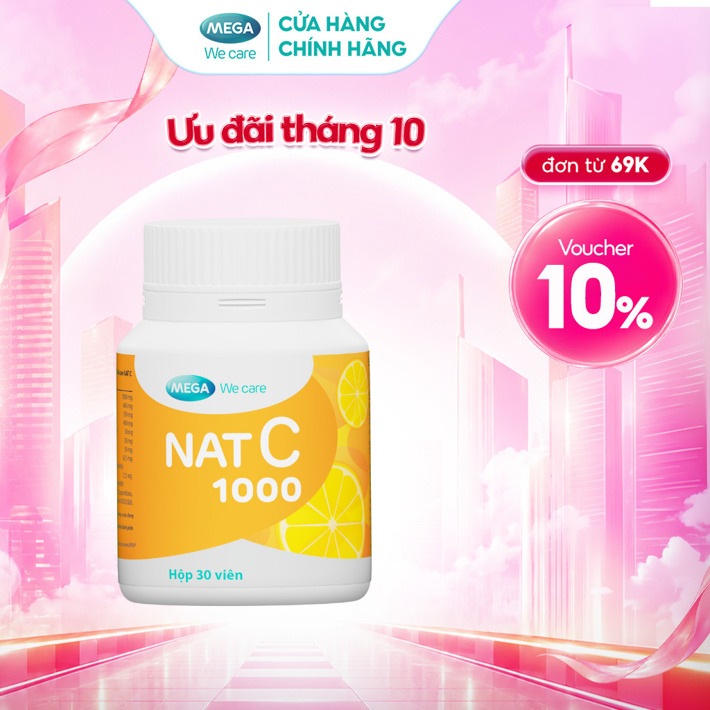 Viên uống Vitamin C Mega We Care Nat C 1000 hỗ trợ tăng đề kháng, giúp giảm nguy cơ cảm lạnh cảm cúm (30 viên) – TPBVSK