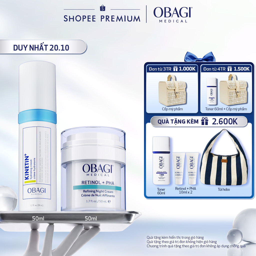 Bộ đôi Kem Dưỡng Đêm Obagi Retinol + PHA 50ml và Kem Dưỡng Dịu Da Kinetin+ Hydrating 50ml