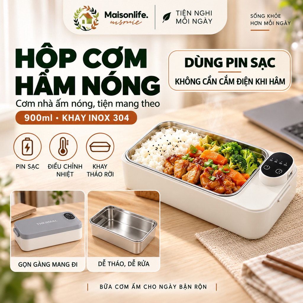 Hộp Cơm Điện Hâm Nóng Không Dây 900ml, Dùng Pin Sạc, Khay Inox 304 Tháo Rời, Điều Chỉnh Nhiệt Độ