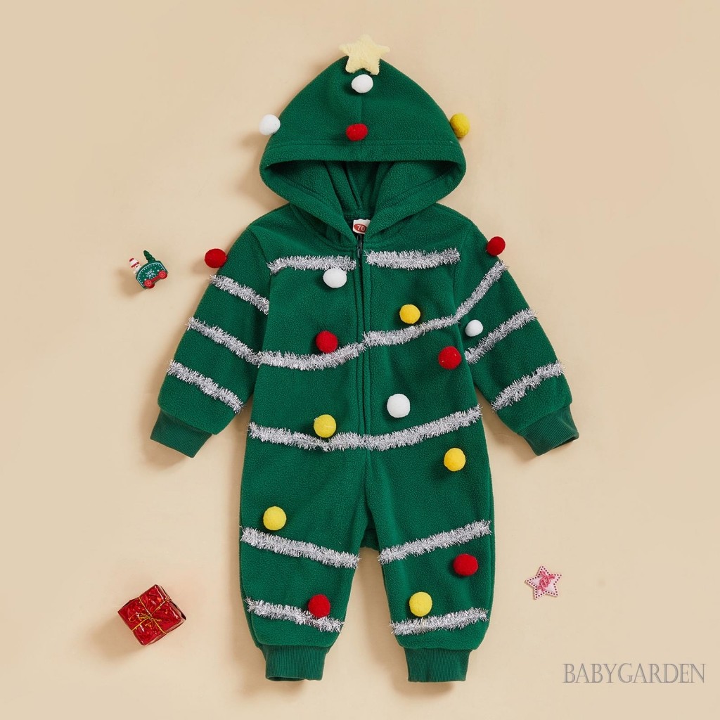 Quần áo liền thân hình cây thông Noel cho bé 0-5 tuổi, bóng lông màu sắc, tay dài, khóa kéo, có mũ, quần áo mùa đông thu dễ thương