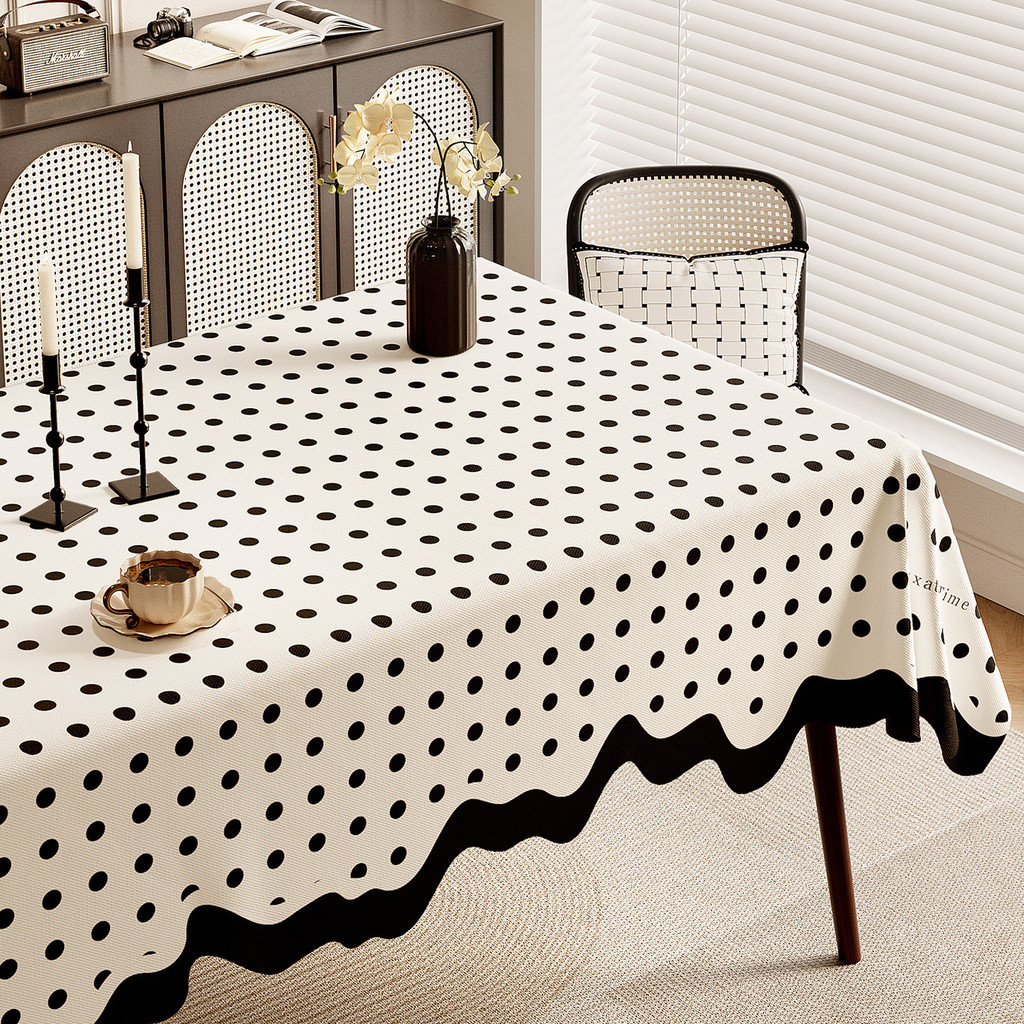 Khăn trải bàn caro đen trắng viền gợn sóng | Vải cotton linen màu be, phong cách tối giản hiện đại, dễ giặt, trang trí bàn ăn, quán cà phê