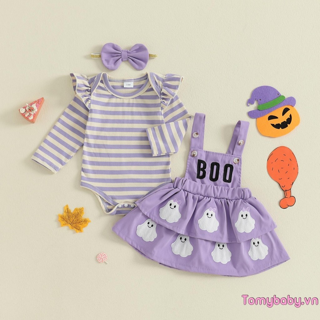 Bộ trang phục Giáng sinh cho bé gái Áo liền quần dài tay in sọc + Váy tổng thể thêu ông già Noel + Bộ băng đô nơ