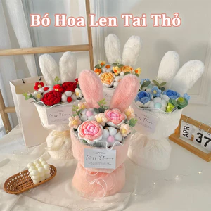 Bó Hoa Len Tai Thỏ, 3 Bông Hoa Hồng Len, Handmade Thủ Công, Quà Tặng Người Yêu