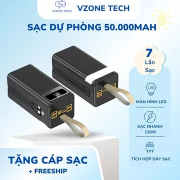 Sạc dự phòng 50000mAh - Sạc nhanh 120W - Tích hợp cáp sạc đi kèm Typce C và Lightning - Sạc Nhiều Thiết Bị - VZT-205