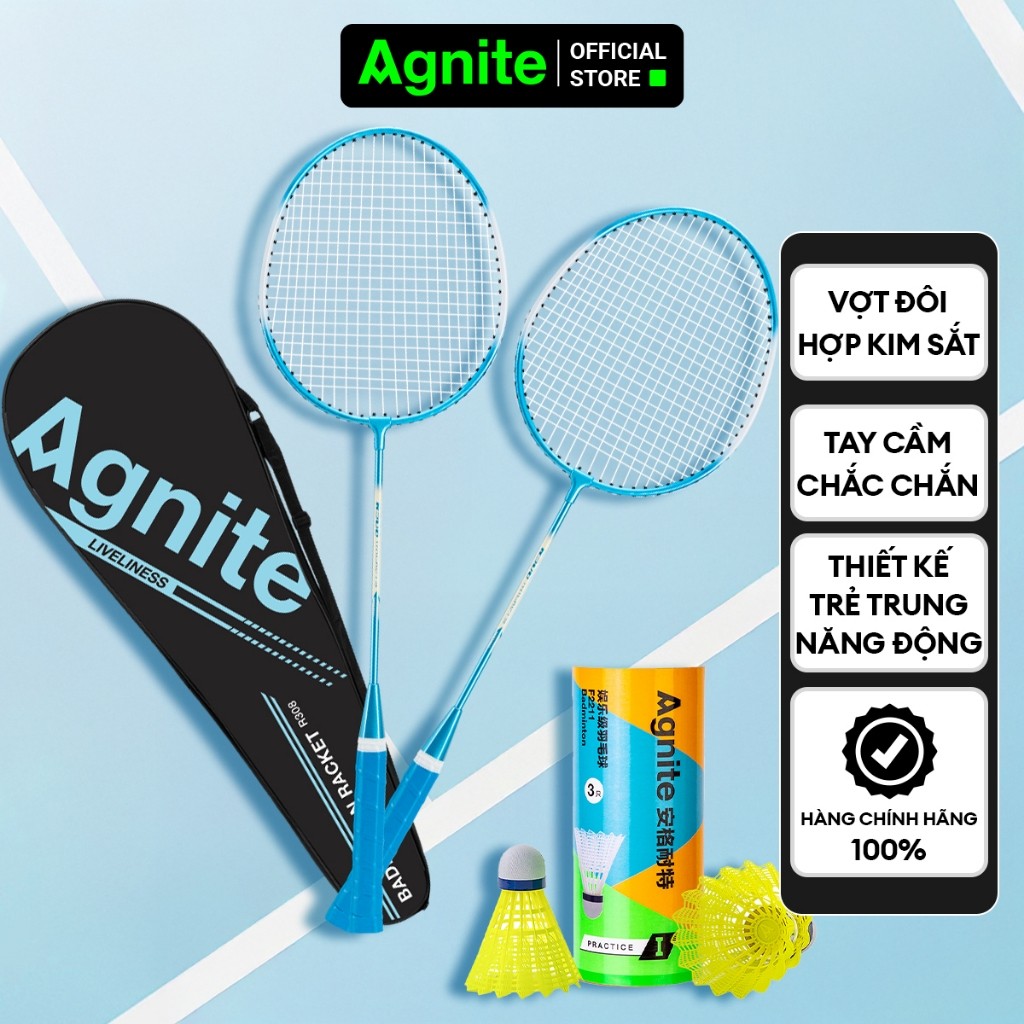 [TẶNG QUÀ] Bộ 2 vợt cầu lông giá rẻ chính hãng Agnite, bền, nhẹ, tặng kèm túi vợt và quả cầu lông