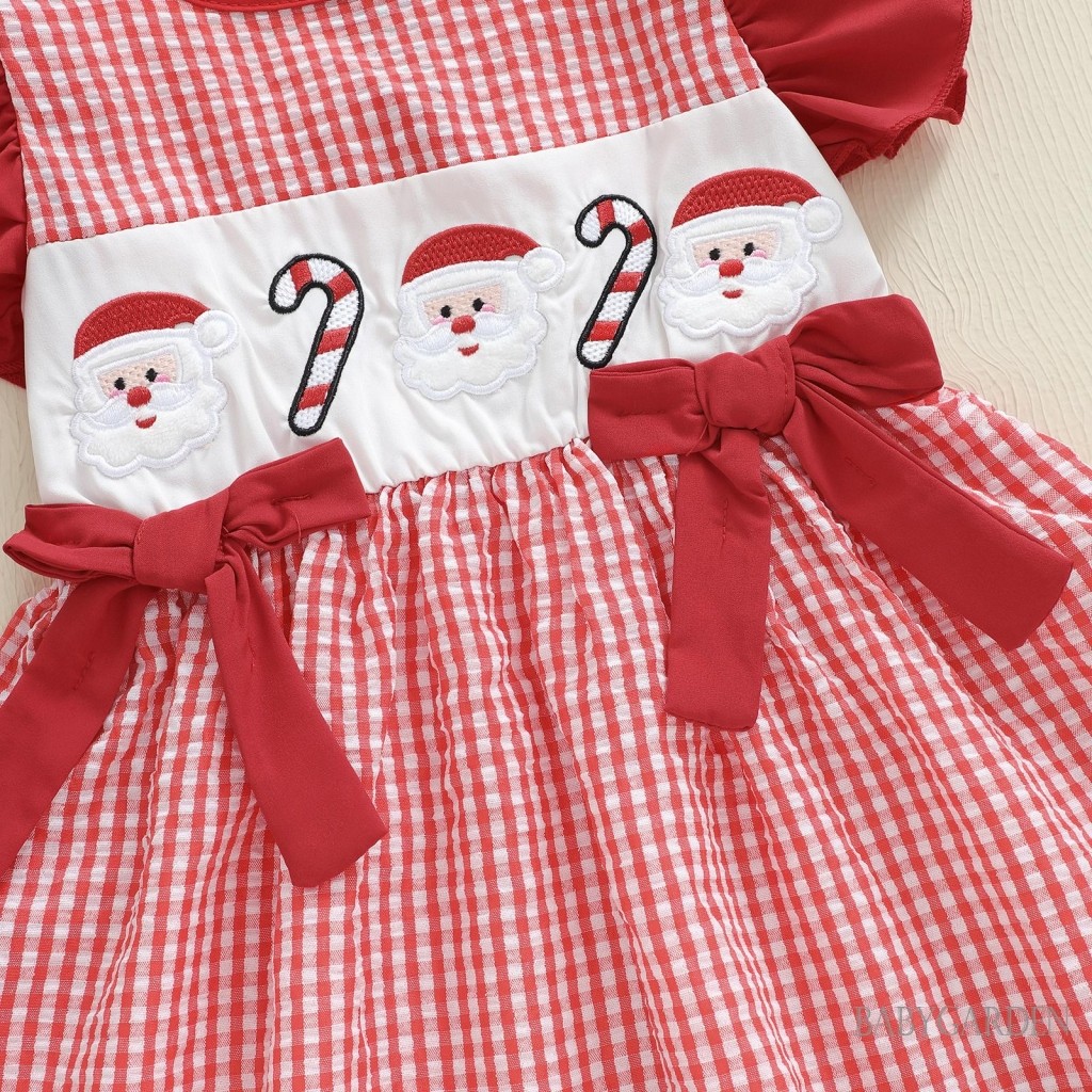 1-6 Tuổi Trẻ Em Bé Gái Váy Giáng Sinh Tay Bay Cổ Tròn Ông Già Noel Thêu Kẻ Sọc Đầm