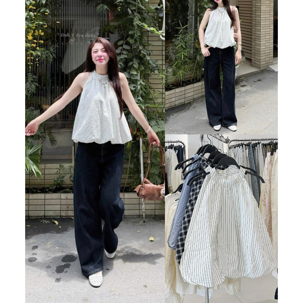 Áo Cổ Yếm Nữ Dáng Bí Trứng Phồng Freesize- Áo Babydoll Họa Tiết Kẻ Sọc Thiết Kế Độc Lạ_A593