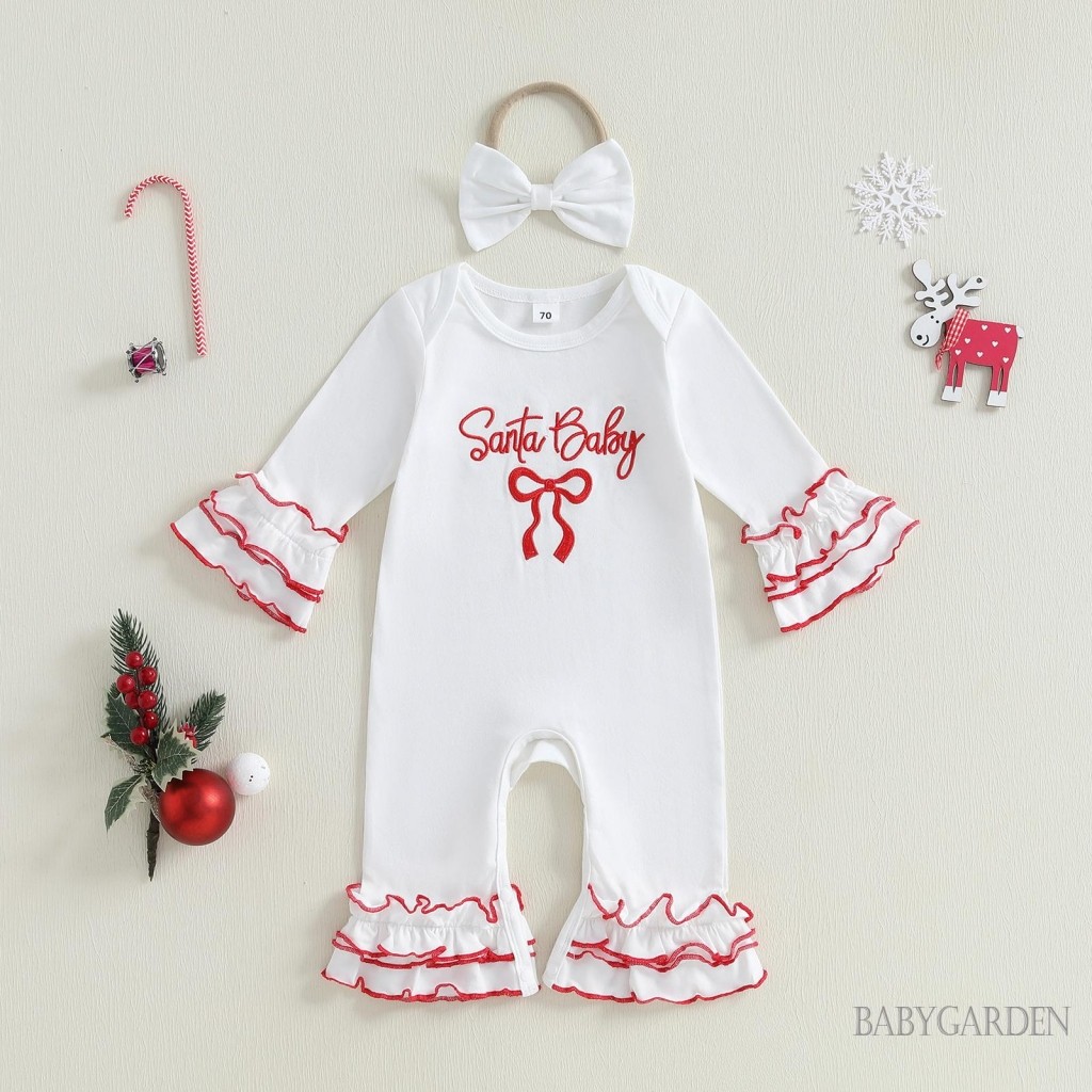 Bé Gái Trang Phục Giáng Sinh Nơ In Chữ Ruffle Dài Tay Áo Liền Quần Nơ Băng Đô