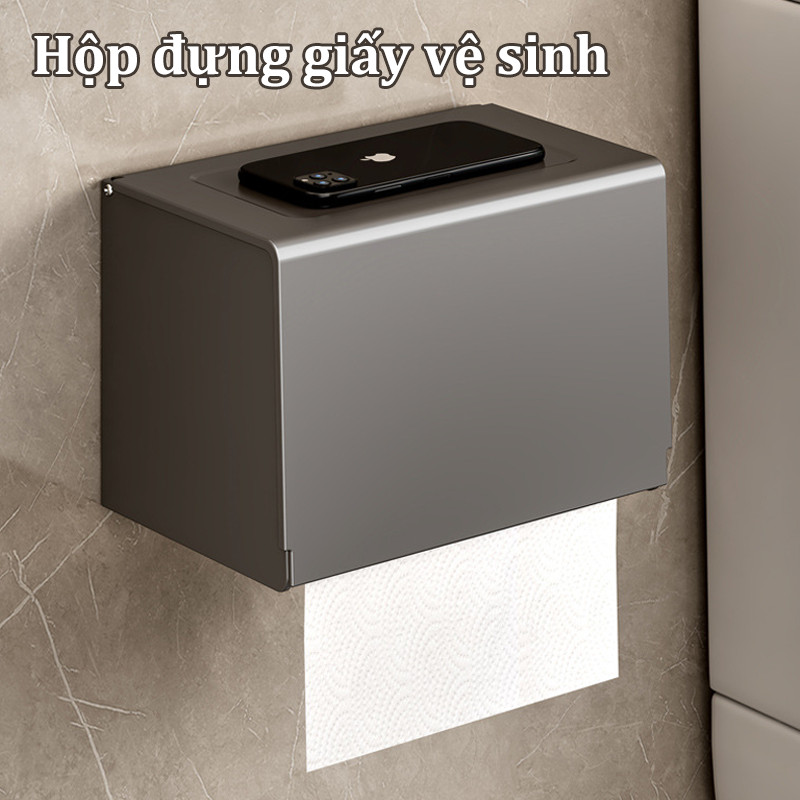 Hộp đựng giấy vệ sinh, dán tường, chất liệu Nhôm hàng không cao cấp, chịu tải 15kg, không gỉ, set không khoan tường