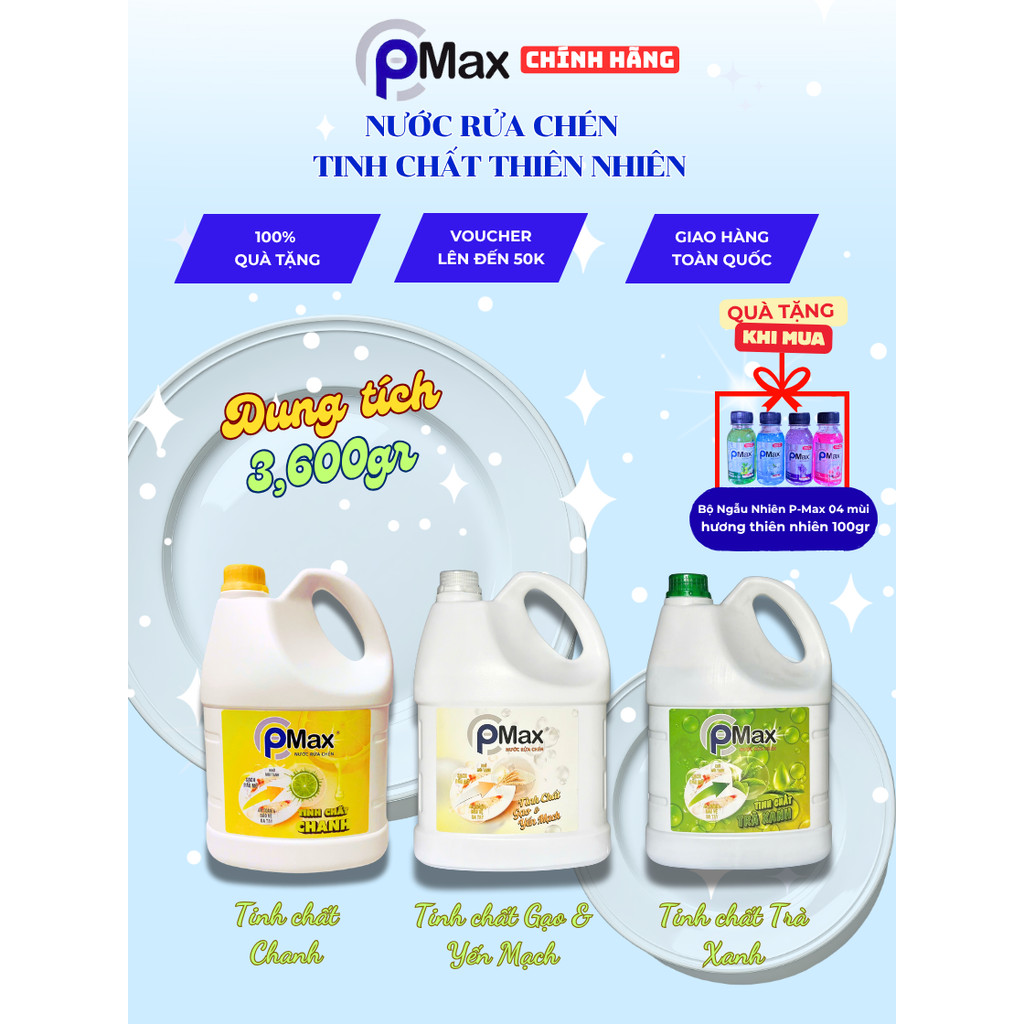 [Quà] Nước Rửa Chén Thiên Nhiên PMAX 3.6kg - Sạch Dầu Mỡ, Thơm Dịu, Mịn Da Tay, An Toàn Cho Trẻ