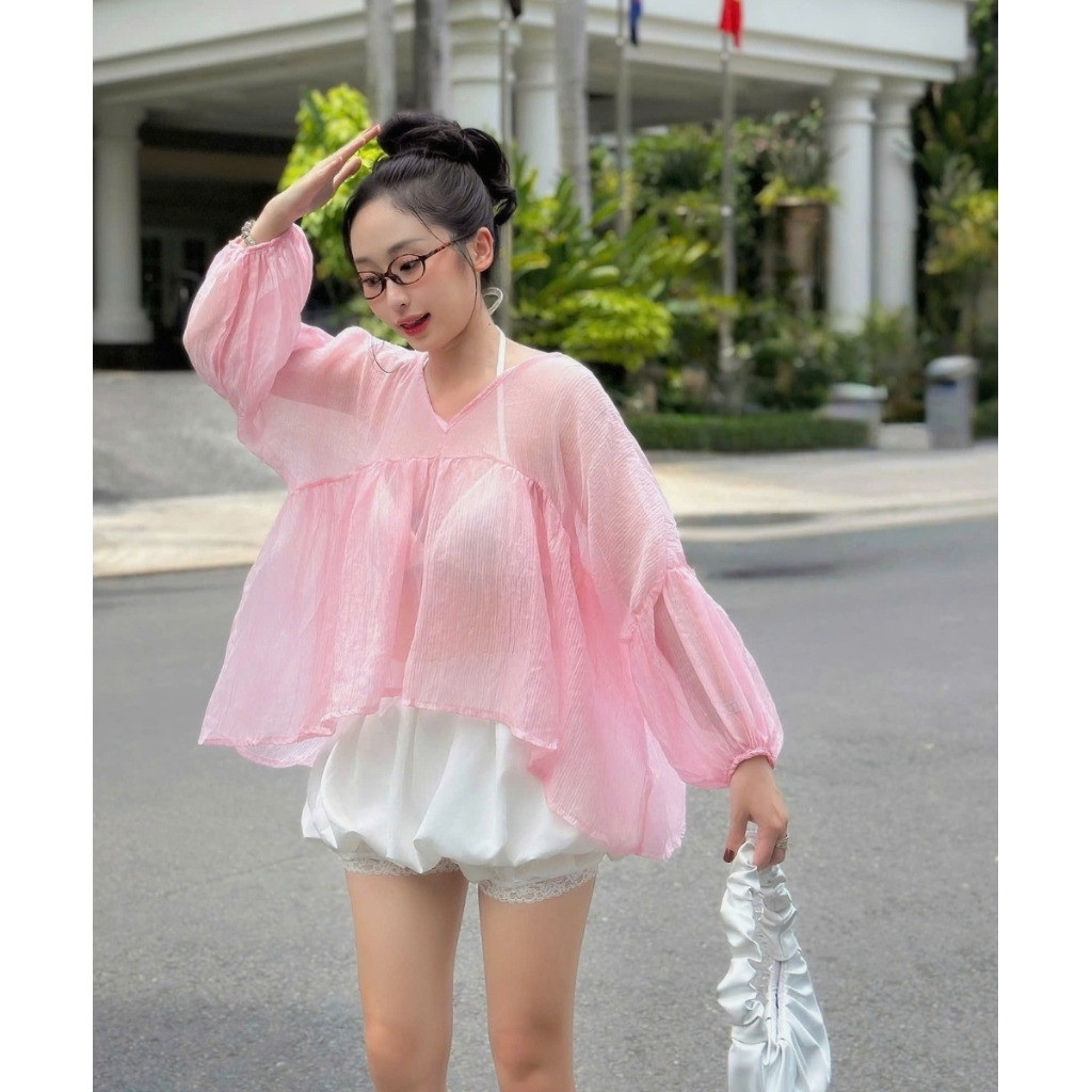 Áo Nữ Dáng Babydoll Kiểu Tay Bồng Cổ V  Phong Cách Tiểu Thư Sang Chảnh A51313