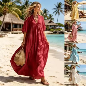 Pealike Nữ Nửa Tay Cổ Chữ V Thoáng Khí Xoay Đầm Màu Trơn Một Dòng Quá Khổ Rời Phù Hợp Với Áo Sơ Mi Maxi Đầm Cho Trà