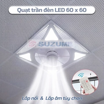 【Kho HCM】Quạt Trần Đèn LED 60x60cm 2 Trong 1 – Gắn Nổi/Âm Trần, Remote Điều Khiển Độc Lập Đèn & Quạt