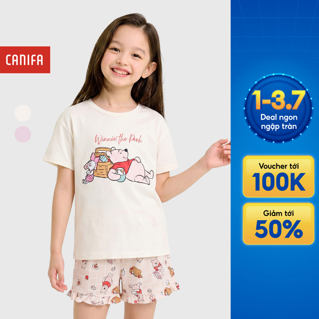 Bộ quần áo bé gái CANIFA bộ thun hè mặc nhà cộc tay chất cotton pha mềm mịn mát in hình Mickey 1LS26S010