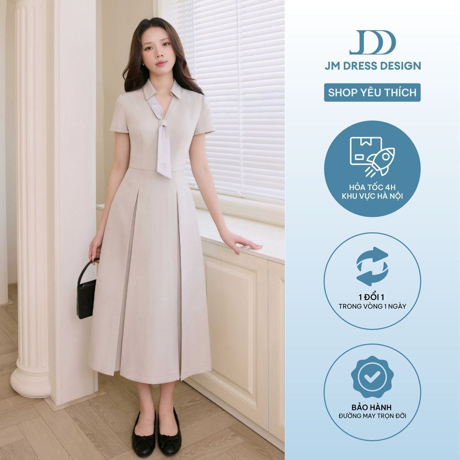 Đầm Xuân Hè Dáng Dài Cổ Đức Cà Vạt 1S25.2604, Đầm Dáng Dài Chân Váy Xếp Ly Bản Lớn Xoè Nhẹ Phong Cách Hiện Đại JM Dress