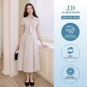 Đầm Xuân Hè Dáng Dài Cổ Đức Cà Vạt 1S25.2604, Đầm Dáng Dài Chân Váy Xếp Ly Bản Lớn Xoè Nhẹ Phong Cách Hiện Đại JM Dress