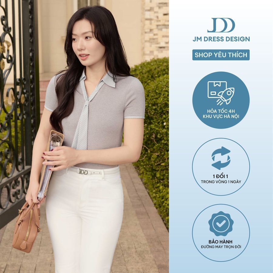 Áo Cổ Đức Cách Điệu Phối Cà Vạt 2T24.2602. Áo Polo Nữ Công Sở Thanh Lịch, Áo Kiểu Nữ Ôm Tôn Dáng, Áo Preppy Hiện Đại JM