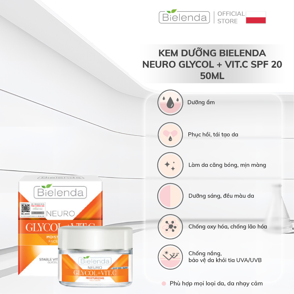 Kem dưỡng Bielenda Neuro Glycol + Vit.C SPF 20 dưỡng trắng da và trẻ hoá da ban ngày 50ml