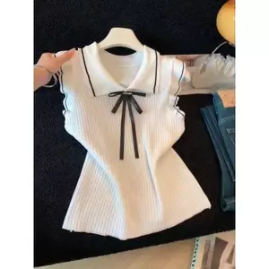 Phong cách Hàn Quốc Đại học Giảm tuổi Phong cách phương Tây Áo len nhỏ tay bay nữ mùa hè Pure Desire Nơ Nơ Filigree