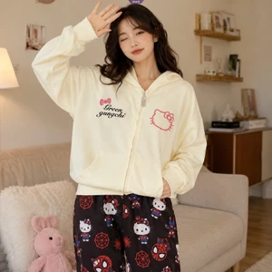 Áo Hoodie in hình Hello Kitty dễ thương dành cho nữ Áo khoác có khóa kéo dáng rộng thường ngày