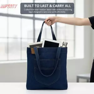 HFSHY Túi Tote Denim Xanh Đậm Thiết Kế Tối Giản Miếng Dán Trước Nhà Thơ Dây Chắc Chắn Cho Nhân Viên Văn Phòng Học Sinh Trung Học VN