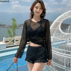 Bộ đồ bơi LACYESUK, Bộ Bikini xù lông chui đầu trong suốt Slim Fit, Bộ đồ đi biển có dây buộc hợp thời trang Bộ đồ tắm chống nắng cho nữ