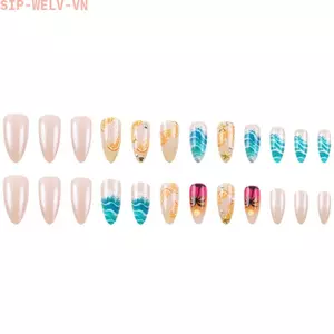 {WELV}24PCS Summer Press On Nails Shell Rhinestone Almond Tips Orange Sea Breezy