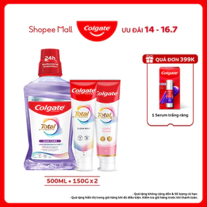 Combo Nước súc miệng Colgate Total chăm sóc nướu và 2 tuýp kem đánh răng Colgate Total bạc bà và giảm ê buốt 150g/tuýp