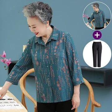 Người Cao Tuổi Mùa Hè Quần Áo Nữ Bà Quần Áo Áo Sơ Mi Dài Tay Người Cao Tuổi Quần Áo Nữ Tuổi Cao Áo Nữ Mẹ Áo Sơ Mi