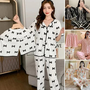 Bộ đồ ngủ / đồ ngủ 3 món VN, Họa tiết hoạt hình, Tay ngắn, 3 trong 1, Thoải mái, Chuyên dụng cho nữ, Đồ ngủ, Thời trang, Quần áo nữ, Cổ nút, Áo và quần, Phong cách đồ lót, Quần lót nữ, Thoáng khí, Đồ 