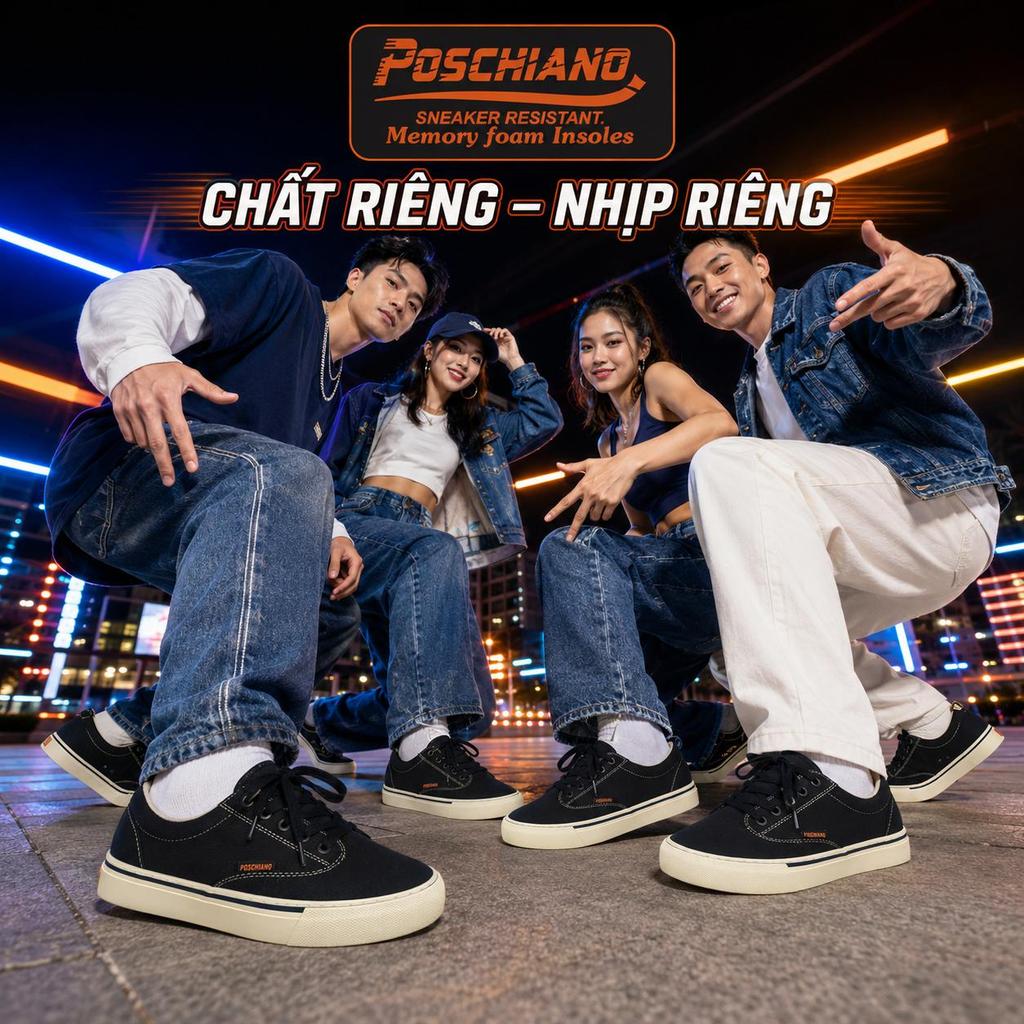 [PS04 Canvas Black White] Giày Sneaker - Poschiano - NAM - NỮ Chống trơn trượt  - Vải Canvas Cao Cấp - Đế Cao Su Crepe  | BigBuy360 - bigbuy360.vn