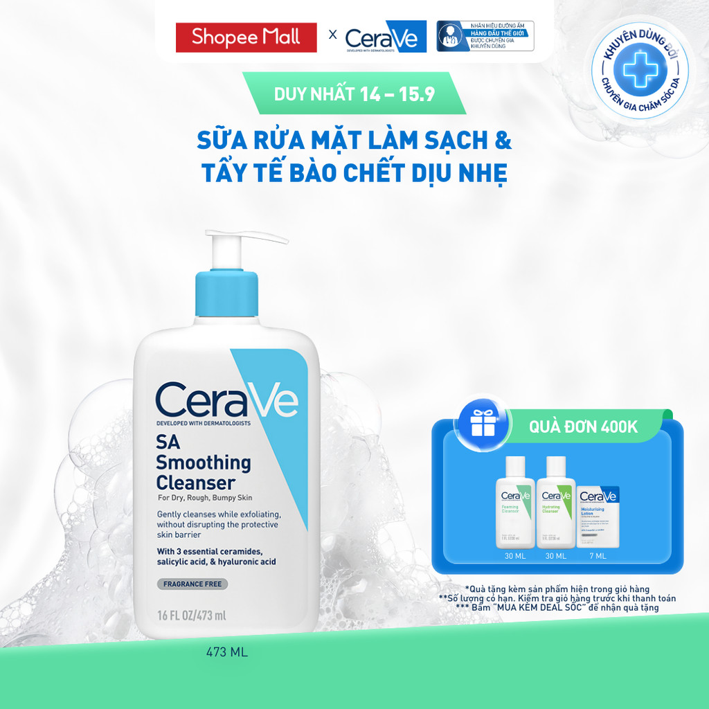 Sữa rửa mặt làm sạch da, loại bỏ dầu thừa và tẩy tế bào chết dịu nhẹ không gây khô da CeraVe SA Smoothing Cleanser 473ML