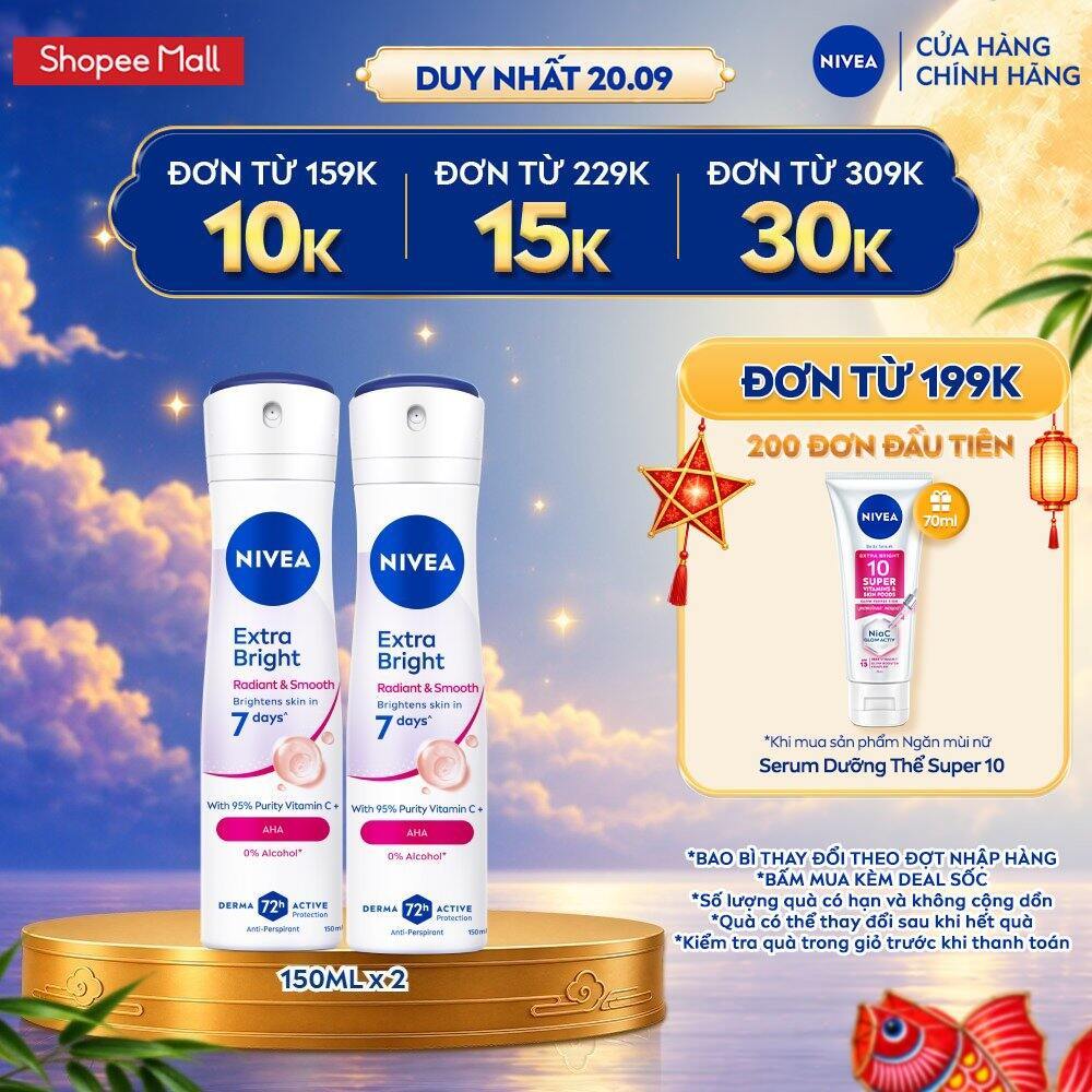 Combo 2 Xịt Khử Mùi NIVEA Dành Cho Nữ 150ml - Dưỡng Sáng/ Mờ Thâm/ Chống Ố Vàng Áo - Ngăn Mùi Đến 72H