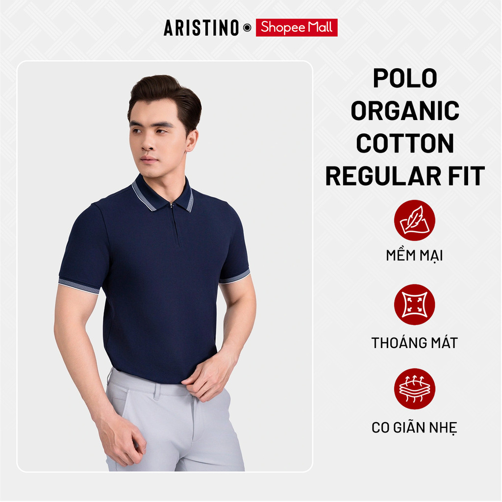 ARISTINO Áo Elite Polo Nam Xanh Tím Than Organic Cotton Regular Fit APS205AS0E Mềm Mại Thoáng Mát Thấm Hút Co Giãn