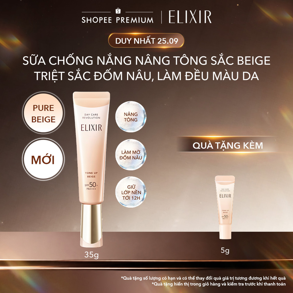 | SẮC BEIGE MỚI | Sữa chống nắng nâng tông chống lão hóa triệt sắc đốm nâu Elixir Day Care Revolution Tone-up Beige 35g